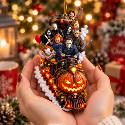 Horror Icons Halloween Train Christmas Ornament – Spooky Slasher Characters Pumpkin Express Hanging Decoration, Horror Fan Gift