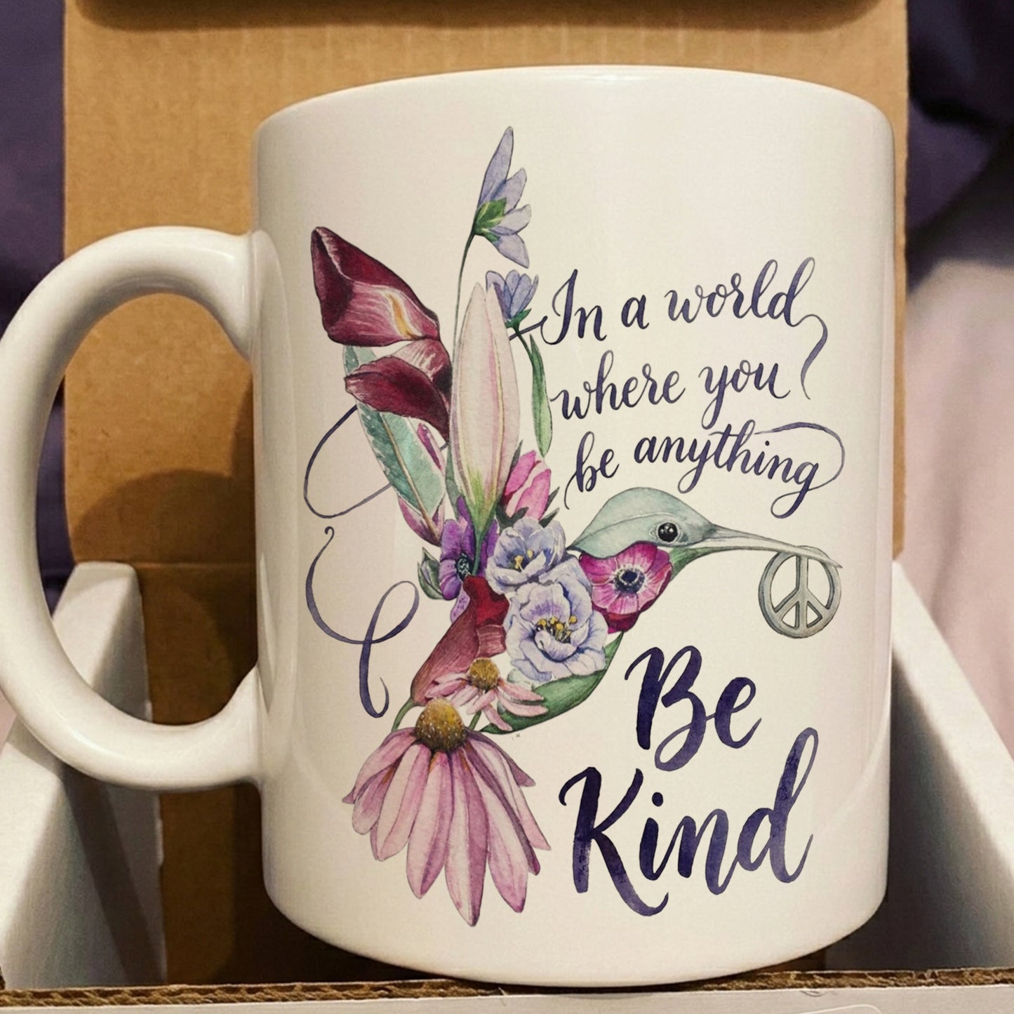 Be Kind - Hummingbird Flower White Mug