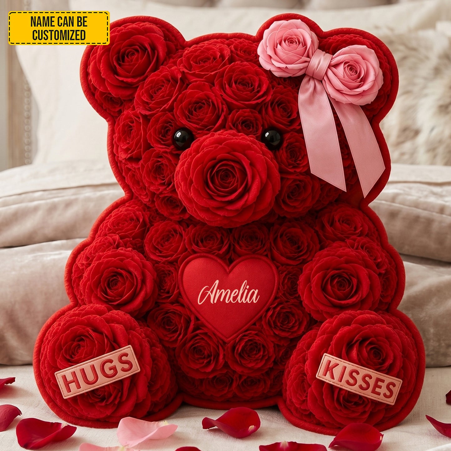 Personalized Rose Bear With Bow Pillow