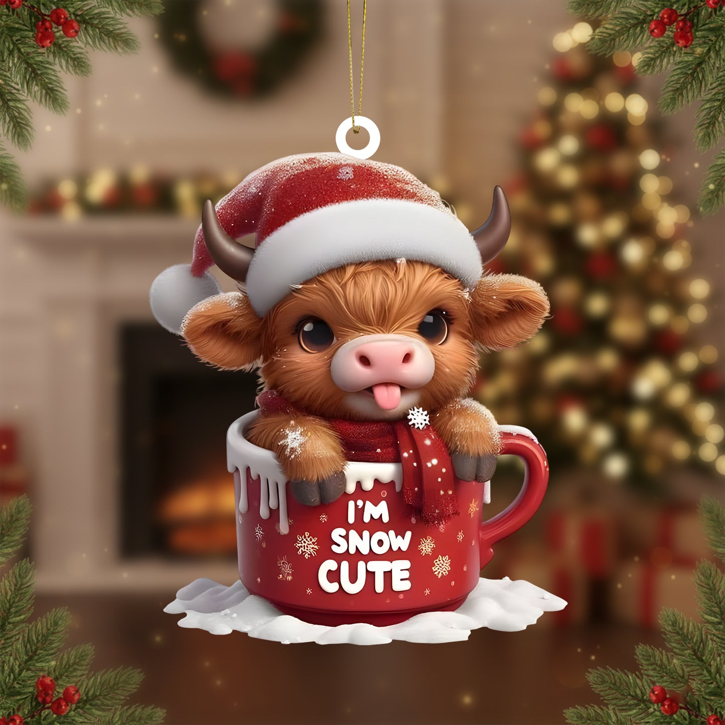 Cute Highland Cow In Mug Christmas Acrylic Ornament