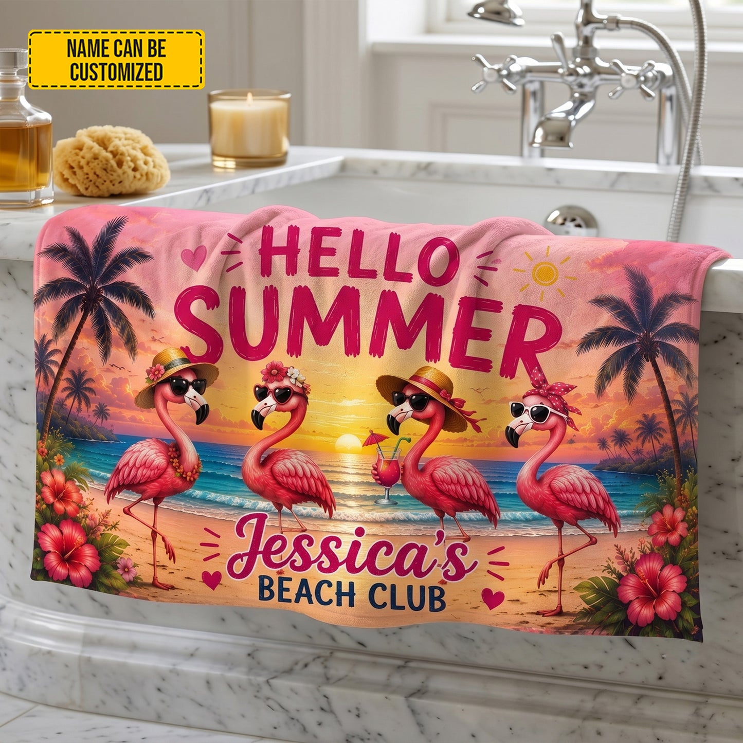 Hello Summer Beach Club – Personalized Flamingo Beach Towel/ Bath Towel