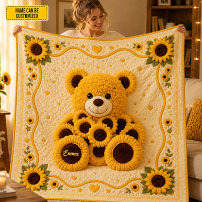 Personalized Cute Sunflower Bear Blanket