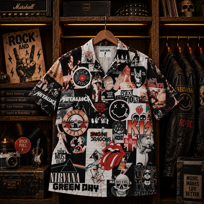 Rock N Roll Legends Collage Hawaiian Shirt – Vintage Rock Bands Music Shirt, Classic Rock & Grunge Fan Gift