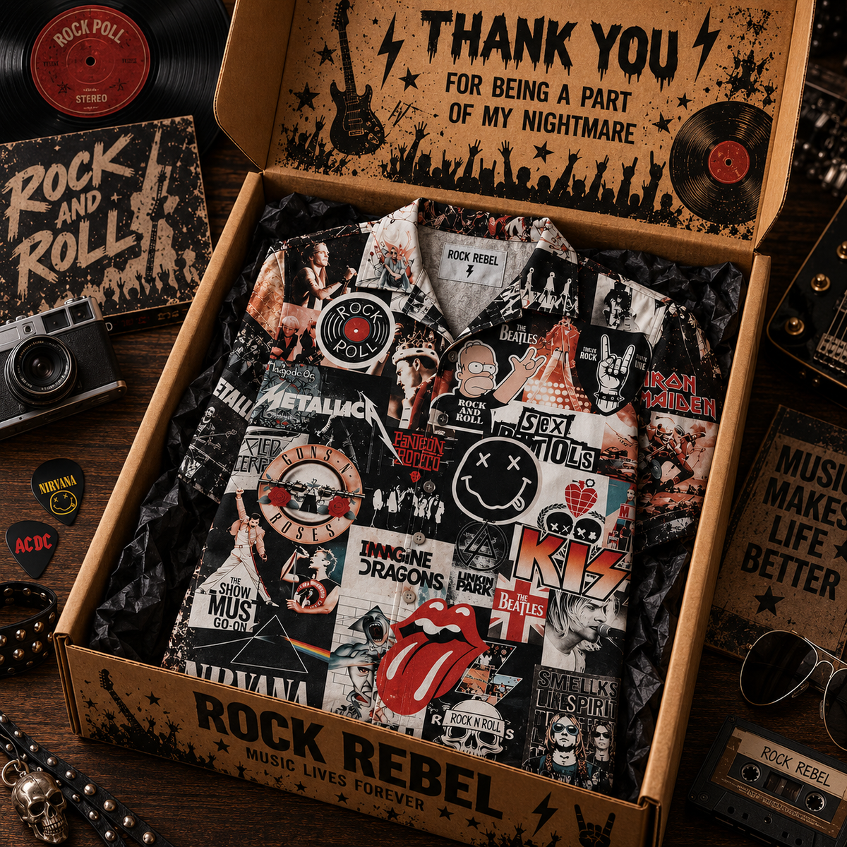 Rock N Roll Legends Collage Hawaiian Shirt – Vintage Rock Bands Music Shirt, Classic Rock & Grunge Fan Gift