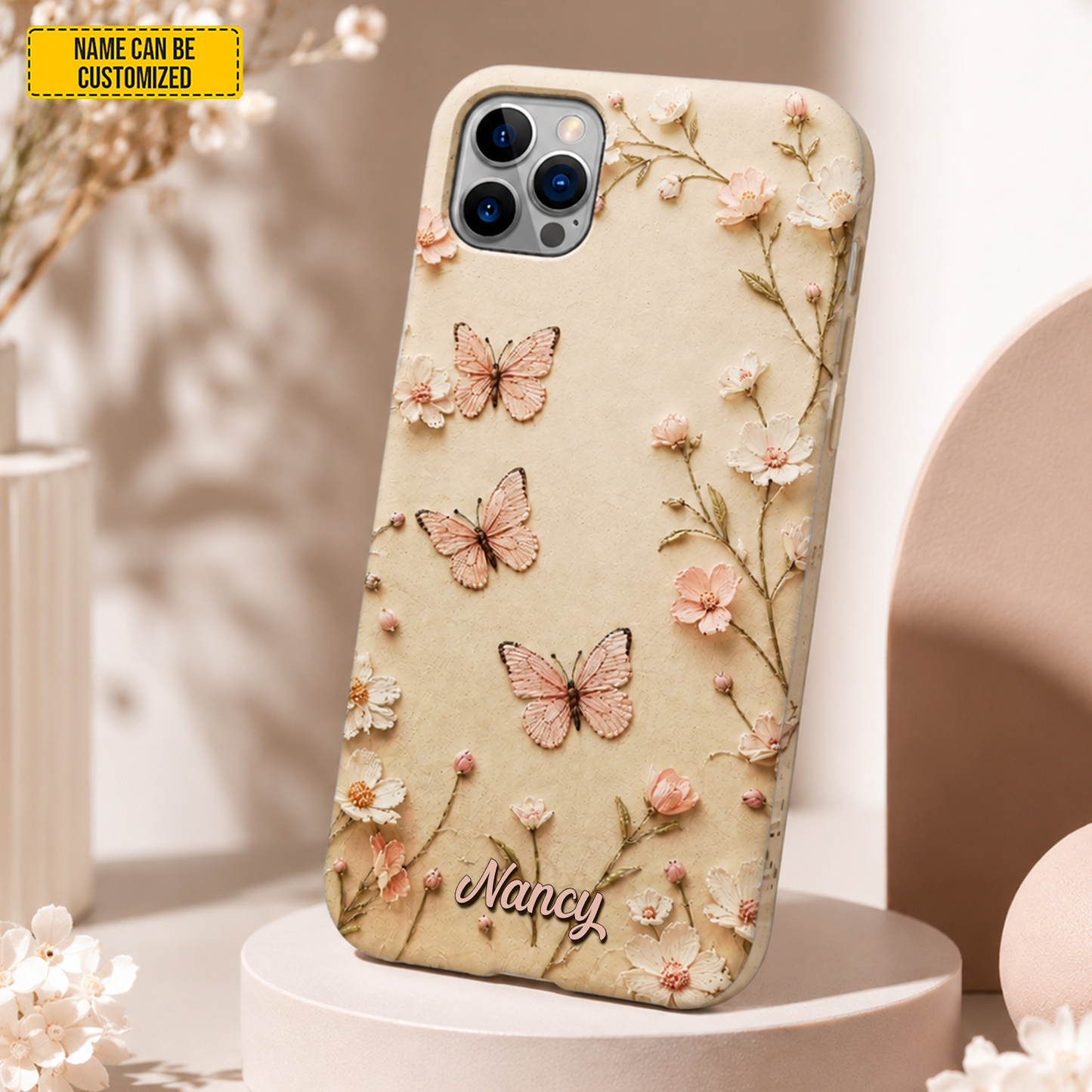 Blush Butterfly Garden – Personalized Floral Phone Case