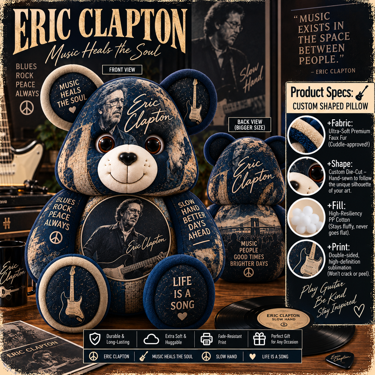Eric Clapton Bear Custom Shaped Pillow – Slowhand Blues Rock Music Fan Gift