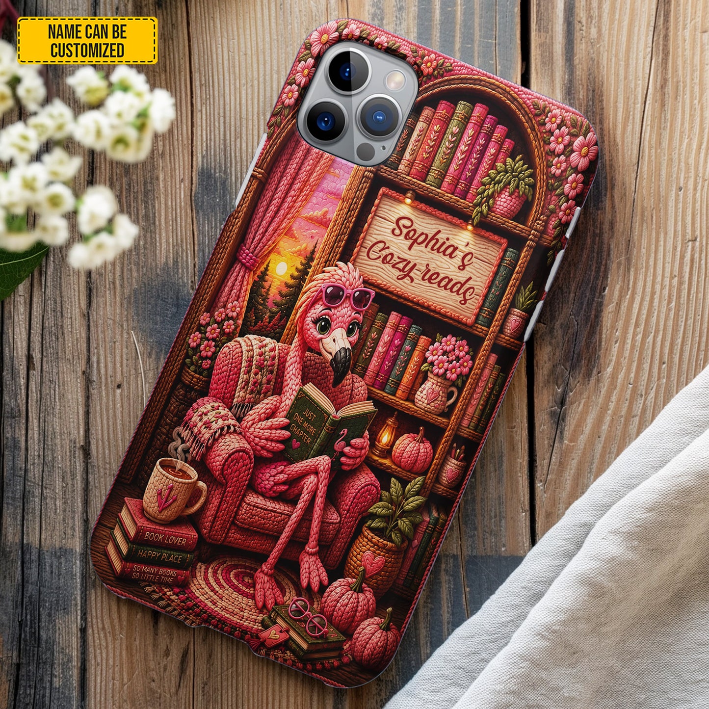 Cozy Reads Flamingo – Personalized Phone Case