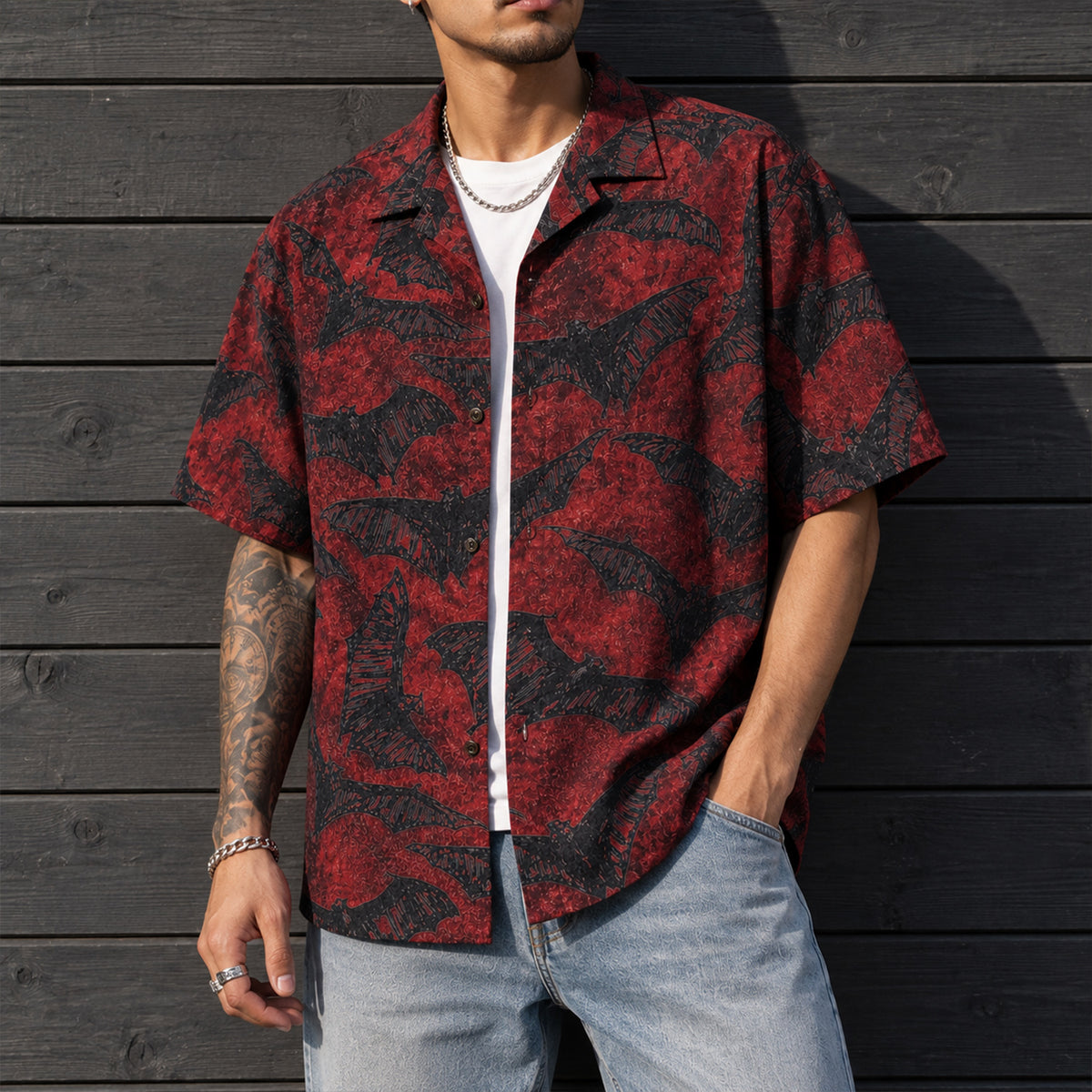 Dark Gothic Bat Swarm Red Hawaiian Shirt
