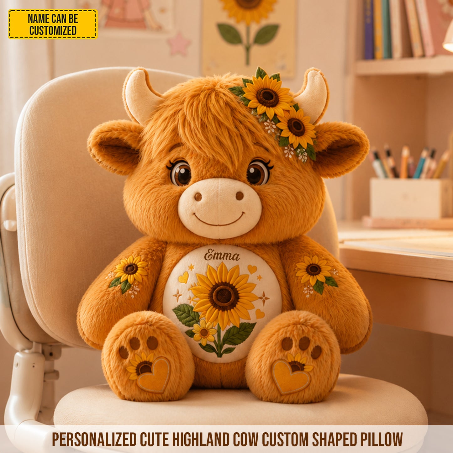 Personalized Highland Cow With Sunflowers Pillow