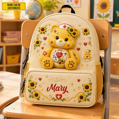 Personalized Nurse Bear Sunflower Kids Backpack