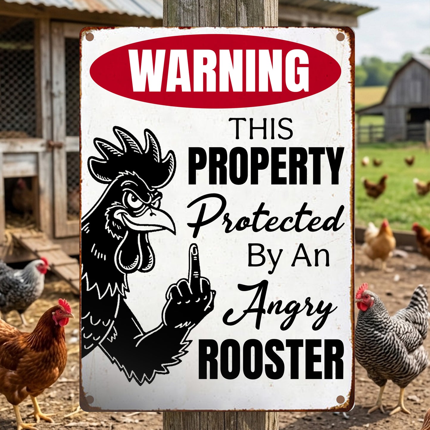 Funny Chicken Metal Sign - Warning This Preperty Protected By An Angry Rooster
