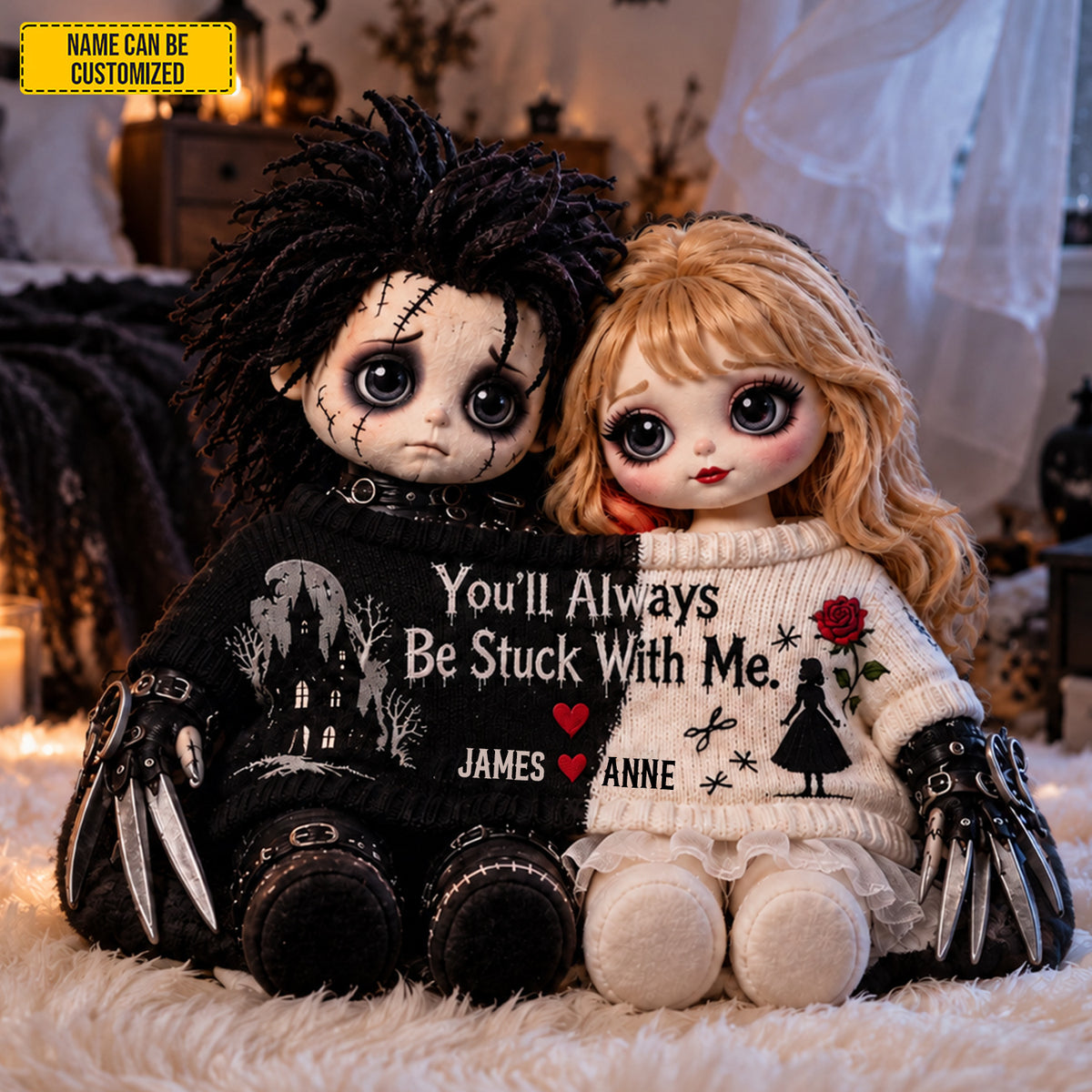 Personalized Gothic Love Couple Dolls Custom Shape Pillow