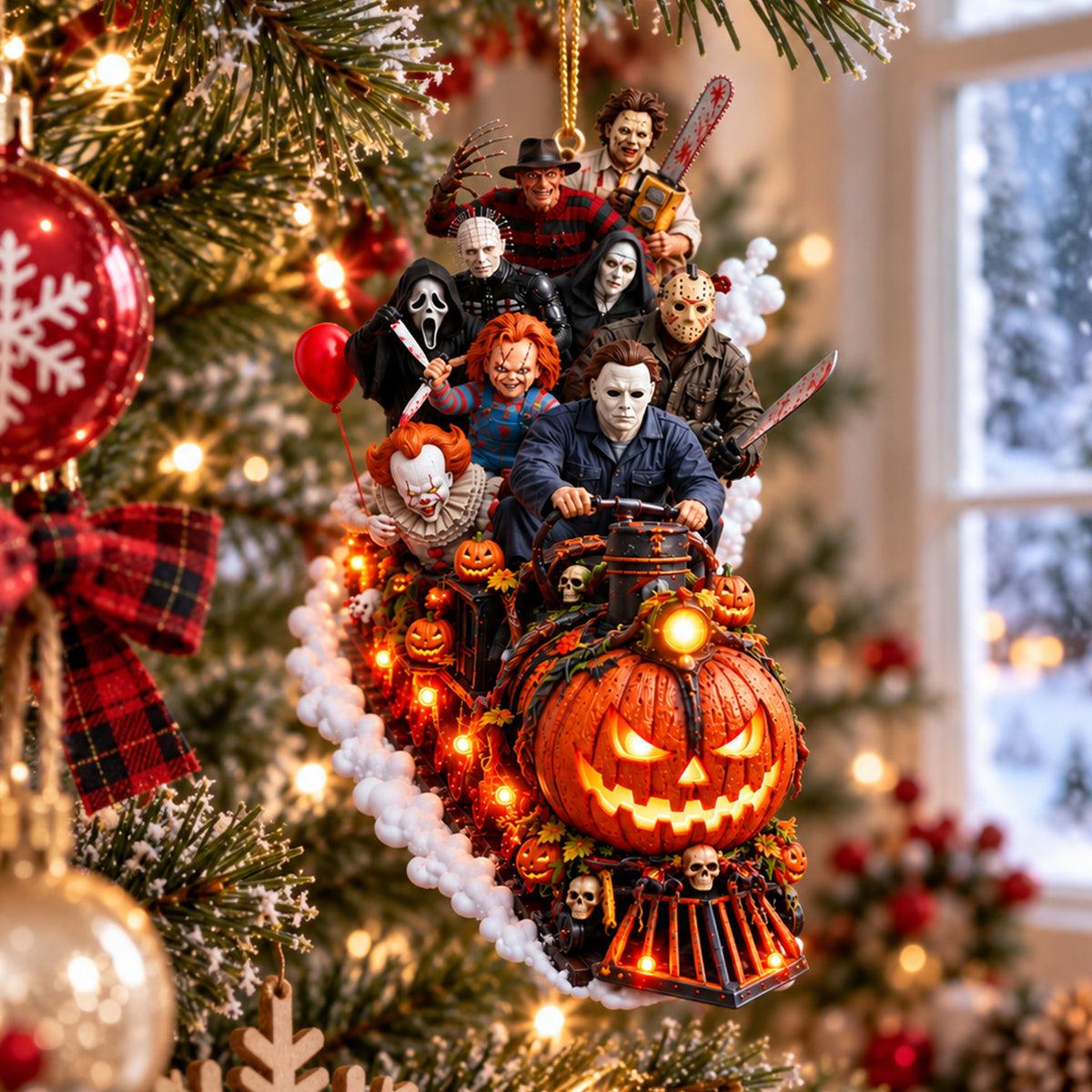 Horror Icons Halloween Train Christmas Ornament – Spooky Slasher Characters Pumpkin Express Hanging Decoration, Horror Fan Gift
