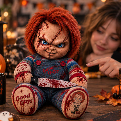 Wanna Play? Killer Doll Horror Custom Shape Pillow – Creepy Halloween Collector Gift