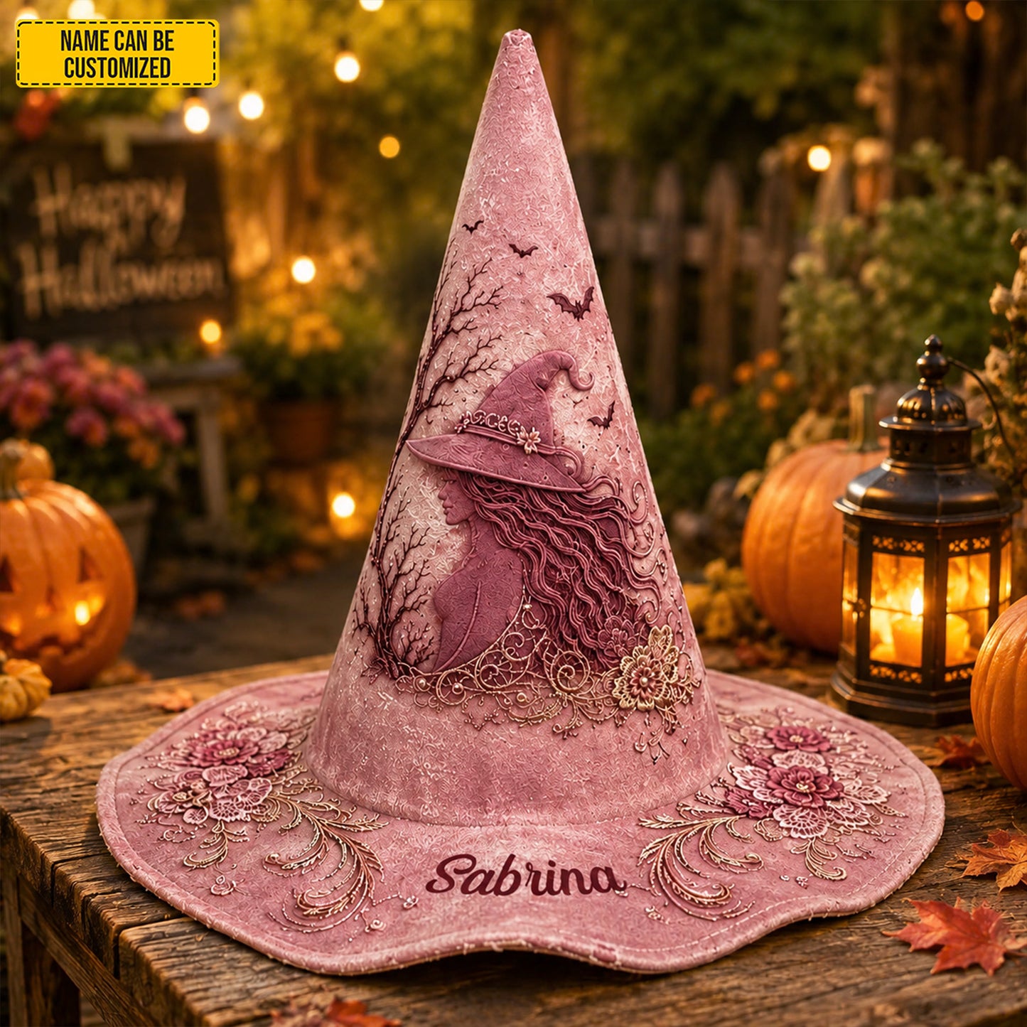 Personalized Floral Witch Hat – Pink Halloween Witch Hat Gift