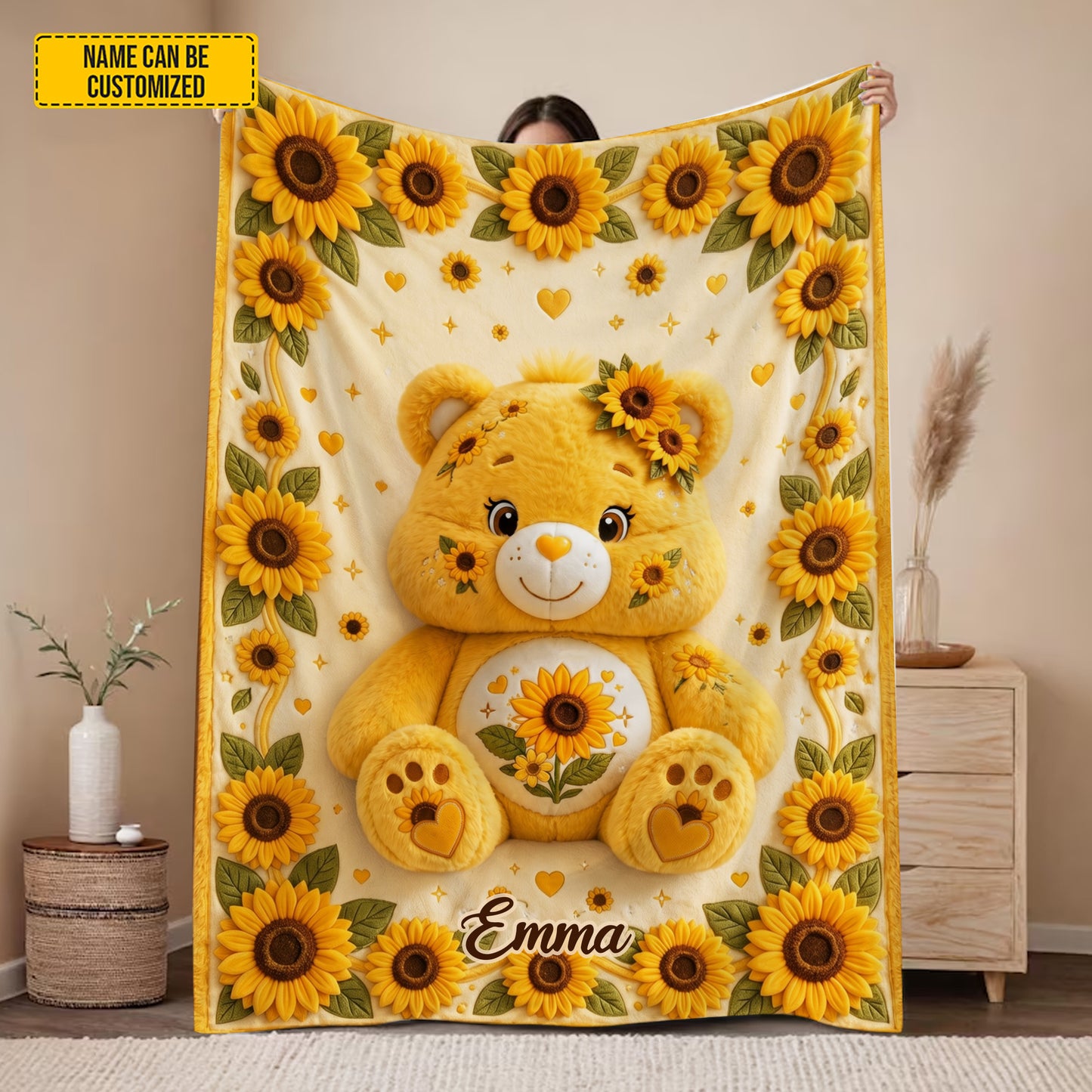 Personalized Sunflower Bear Blanket
