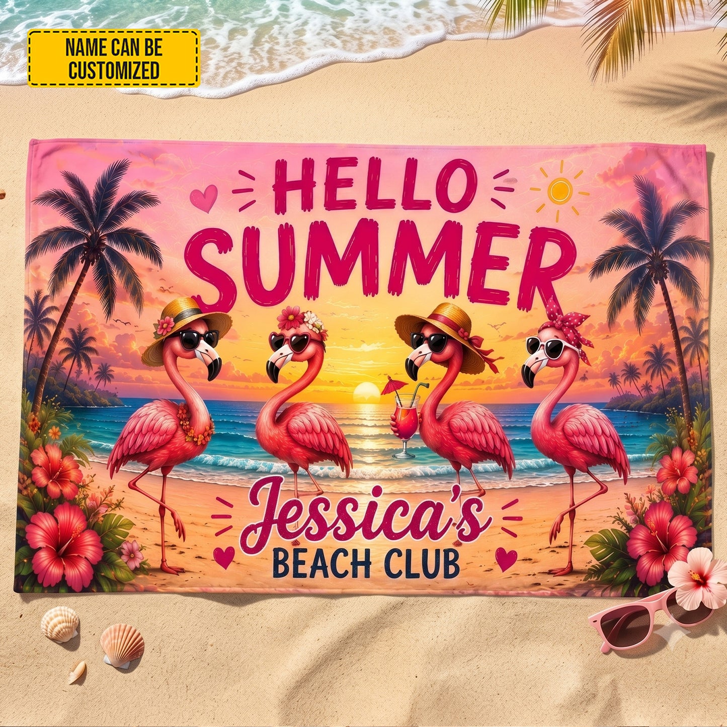 Hello Summer Beach Club – Personalized Flamingo Beach Towel/ Bath Towel
