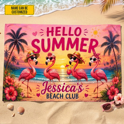 Hello Summer Beach Club – Personalized Flamingo Beach Towel/ Bath Towel