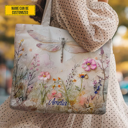 Personalized Dragonfly Floral Tote Bag