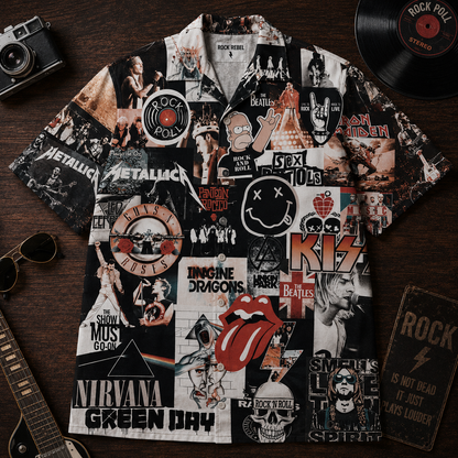 Rock N Roll Legends Collage Hawaiian Shirt – Vintage Rock Bands Music Shirt, Classic Rock & Grunge Fan Gift