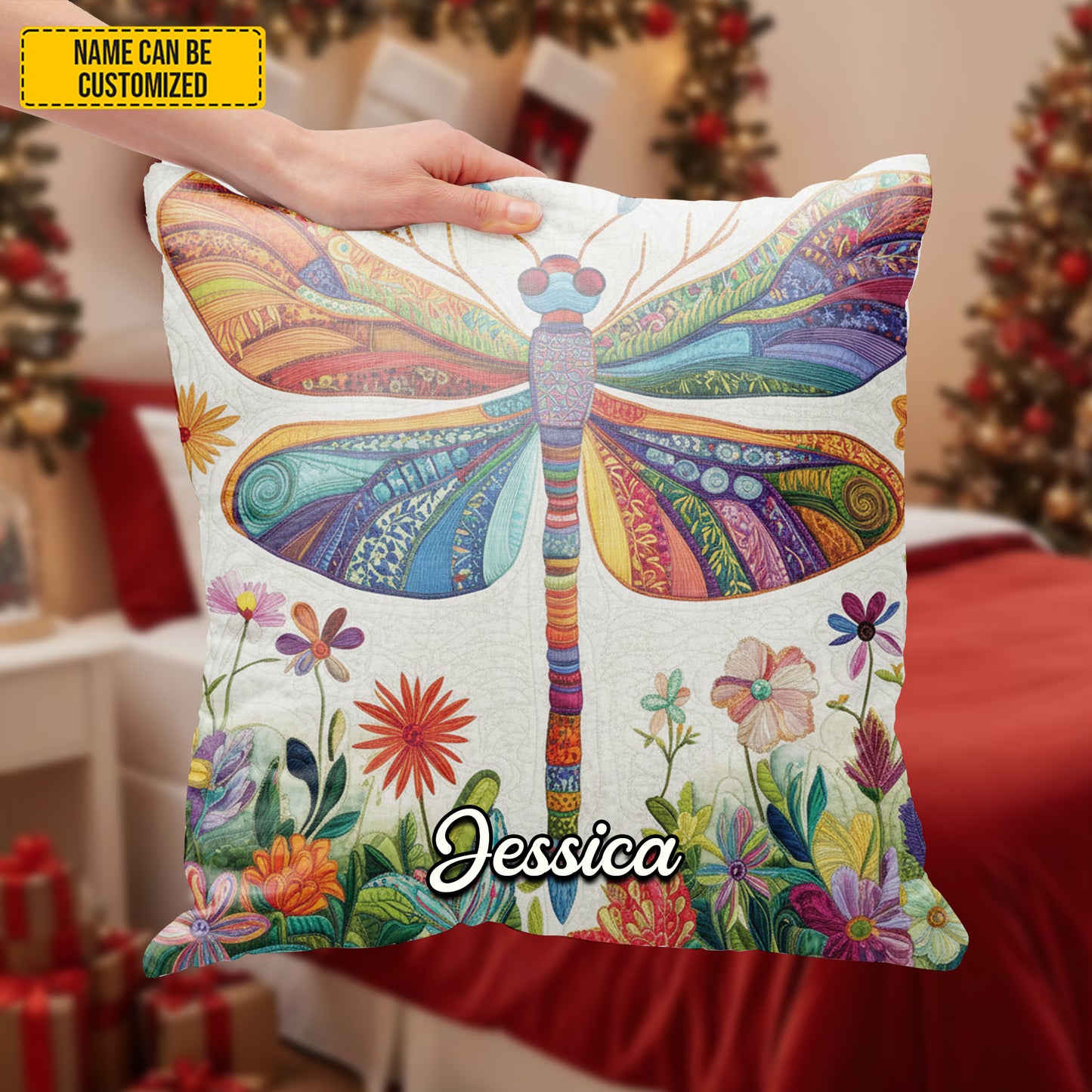 Personalized Colorful Dragonfly & Flowers Pillow
