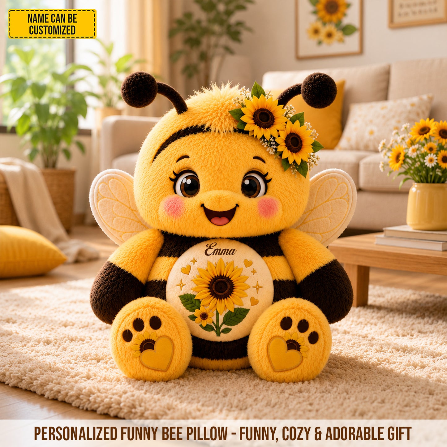 Personalized Cute Sunflower Bee Pillow