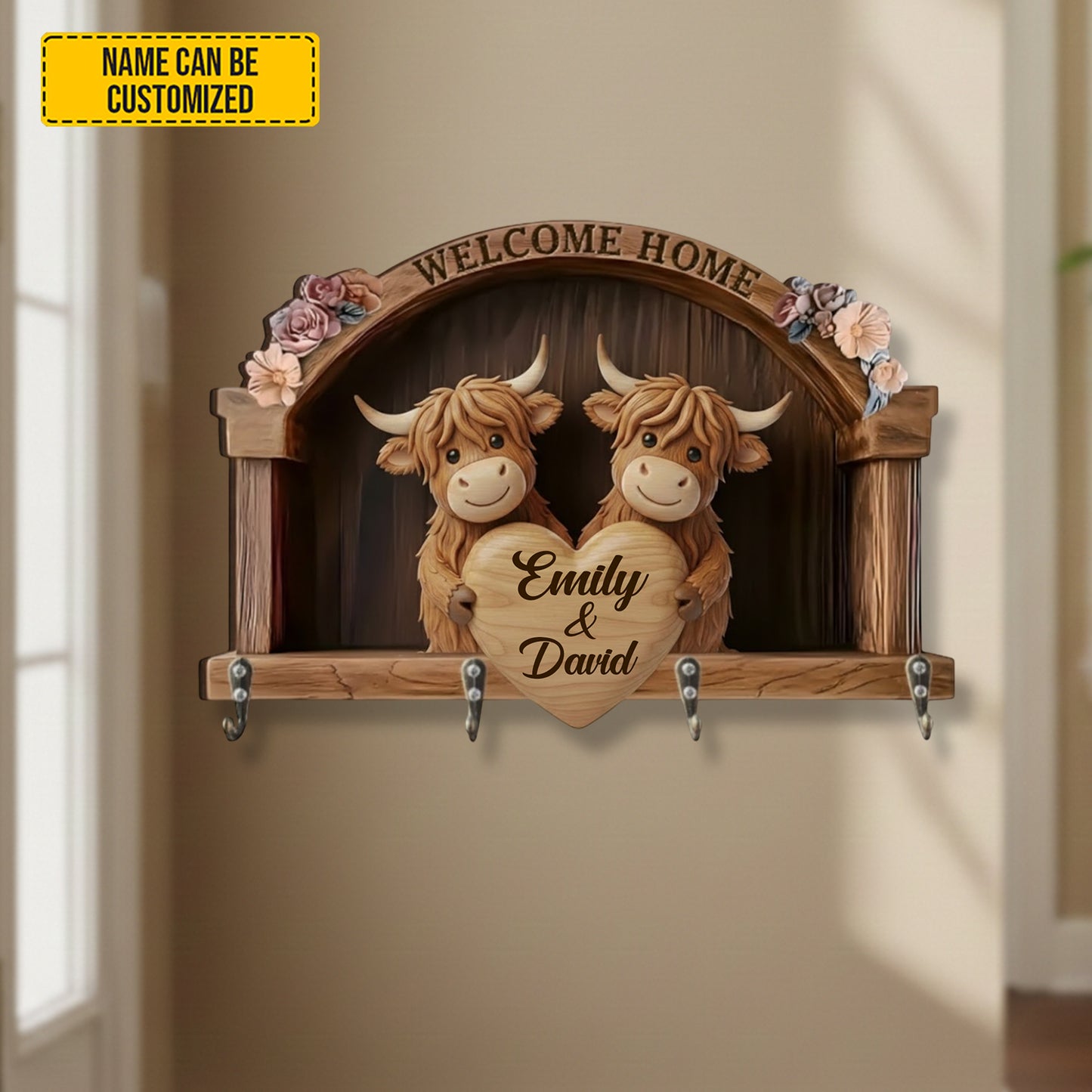 Personalized Highland Cow Couple Custom Shaped Key Rack