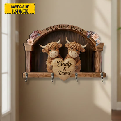Personalized Highland Cow Couple Custom Shaped Key Rack