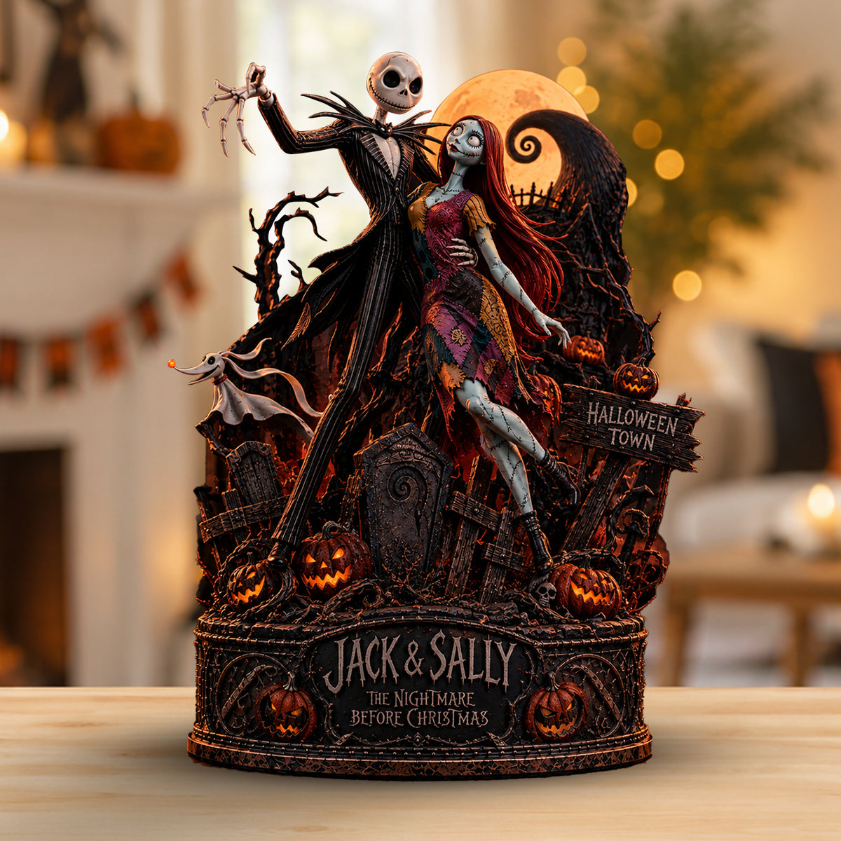 Jack & Sally Halloween Town Gothic Romance Wooden Block - Collectible Table Decor