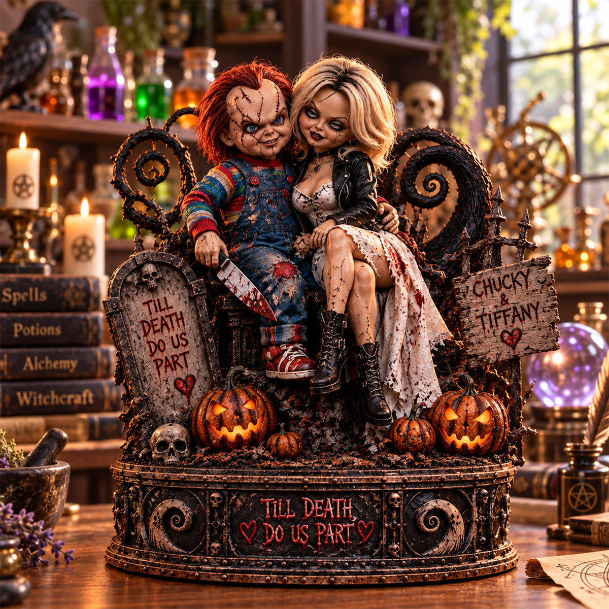Chucky & Tiffany Till Death Do Us Part Horror Love Collectible Figurine Wooden Block - Collectible Table Decor