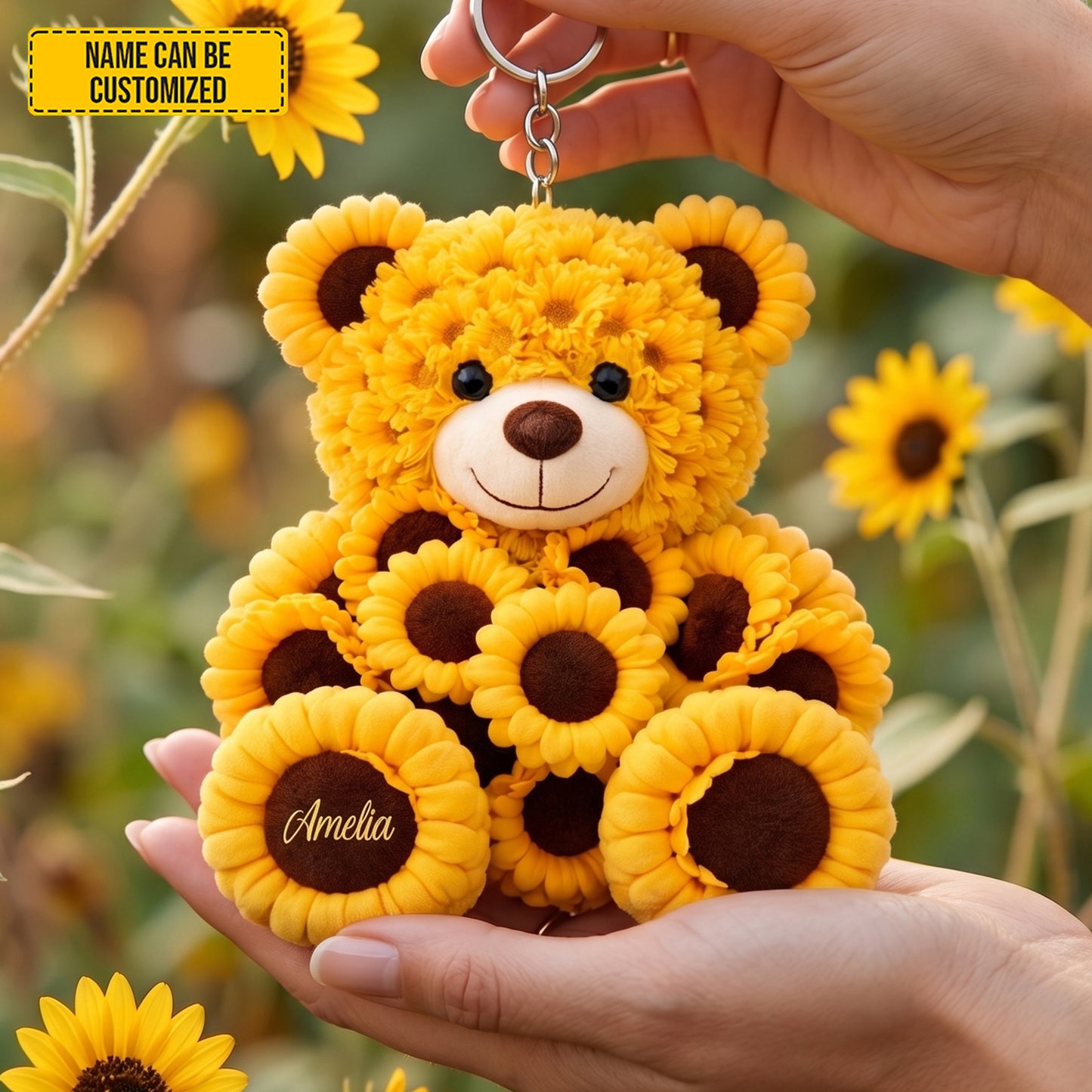 Personalized Bear Sunflowers Shape Keychain