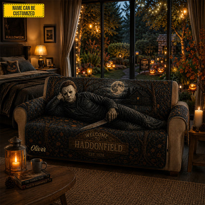 Personalized Halloween Night Horror Couch Cover – Halloween Horror Quilted Sofa Cover