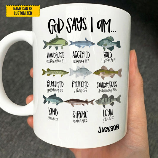 God Says I Am - Personalized Fishing White Mug
