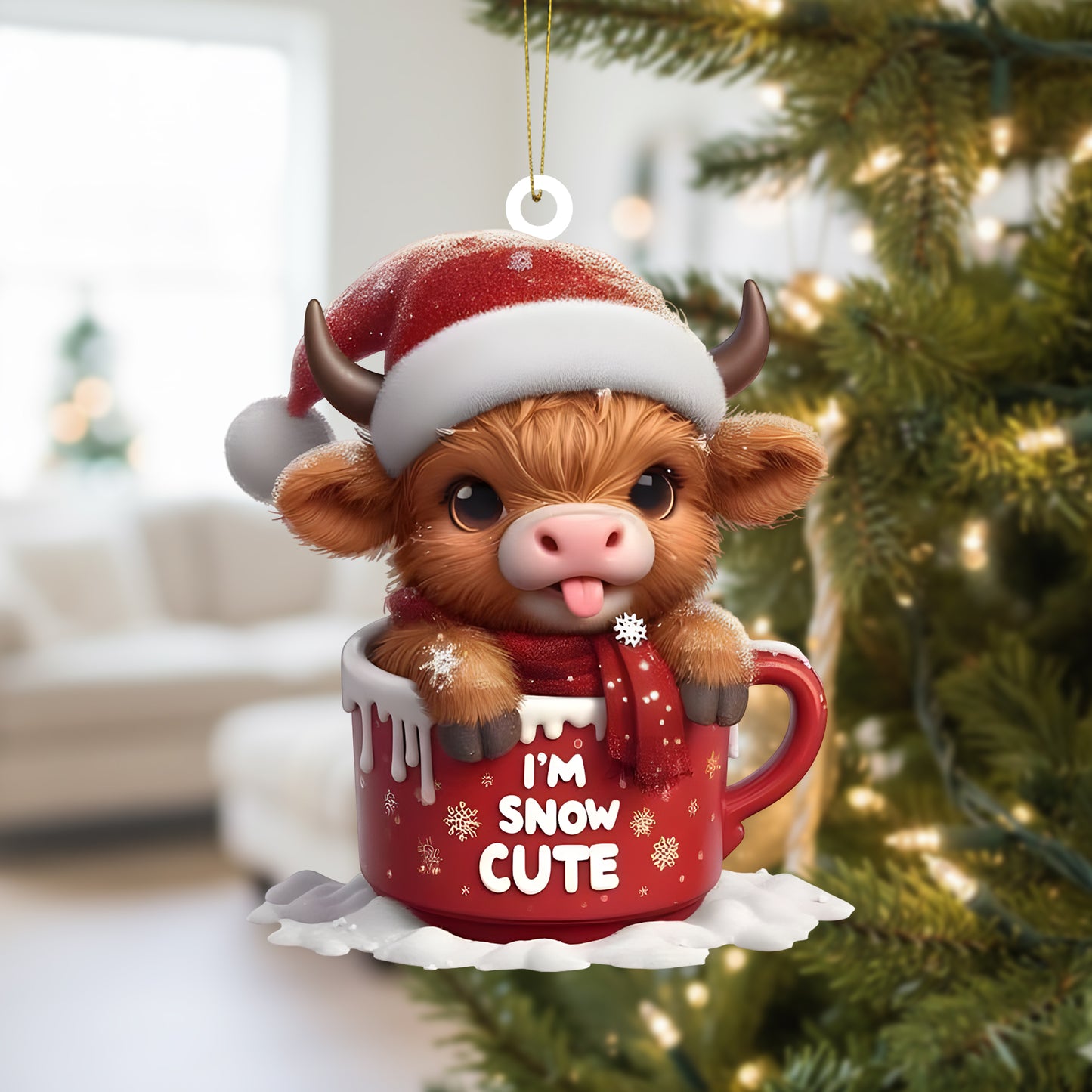 Cute Highland Cow In Mug Christmas Acrylic Ornament