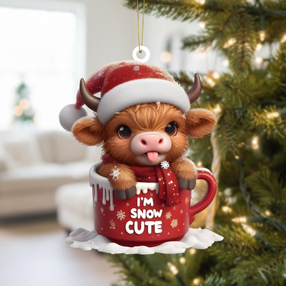 Cute Highland Cow In Mug Christmas Acrylic Ornament