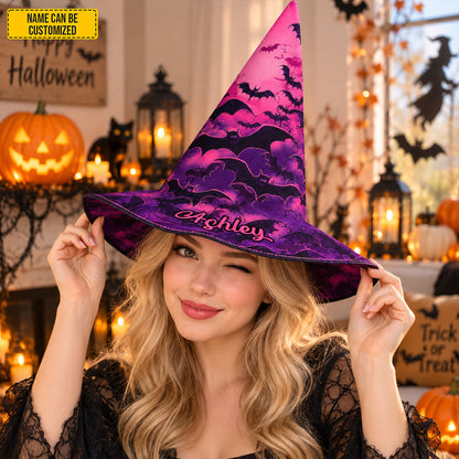 Personalized Bat Witch Hat – Custom Name Halloween Gift for Witch Lovers