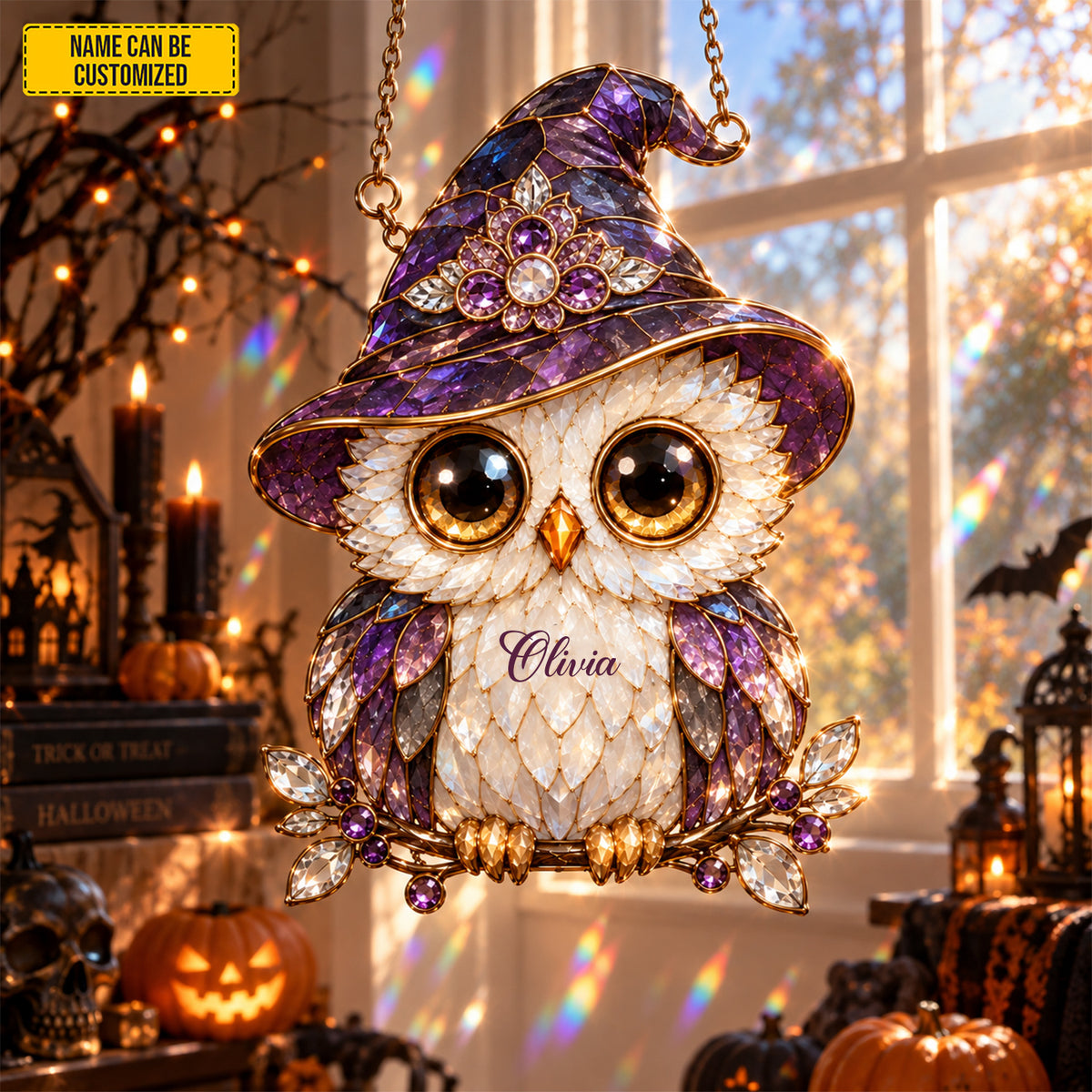 Personalized Witch Owl Suncatcher – Custom Name Stained Glass Window Decor