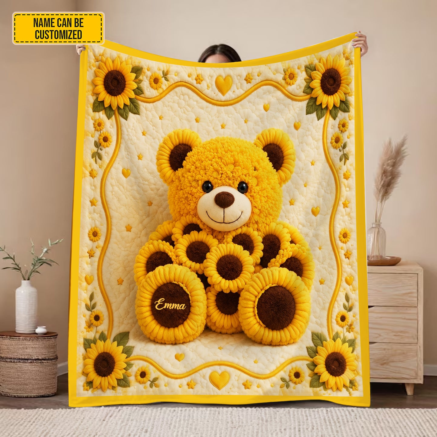 Personalized Cute Sunflower Bear Blanket