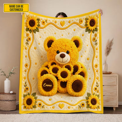 Personalized Cute Sunflower Bear Blanket