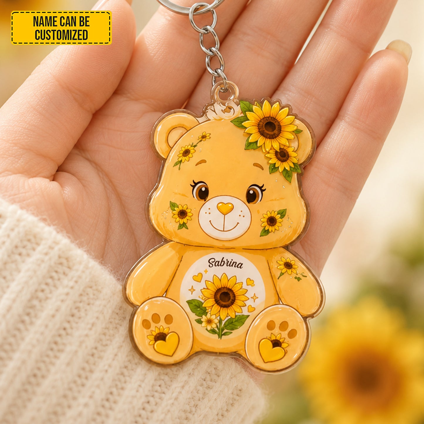 Personalized Sunflower Bear Keychain