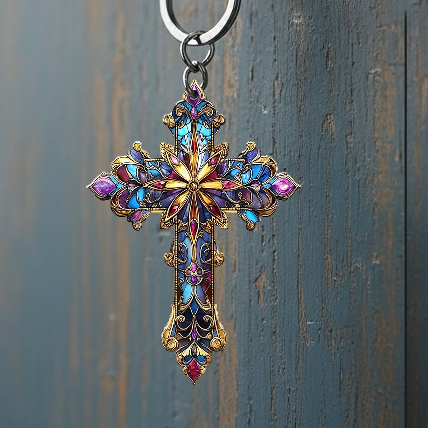 Stained Glass Cross Keychain