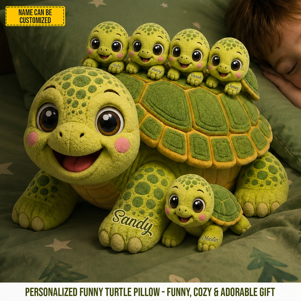 Mom Turtle With Little Kids - Personalized Shaped Pillow
