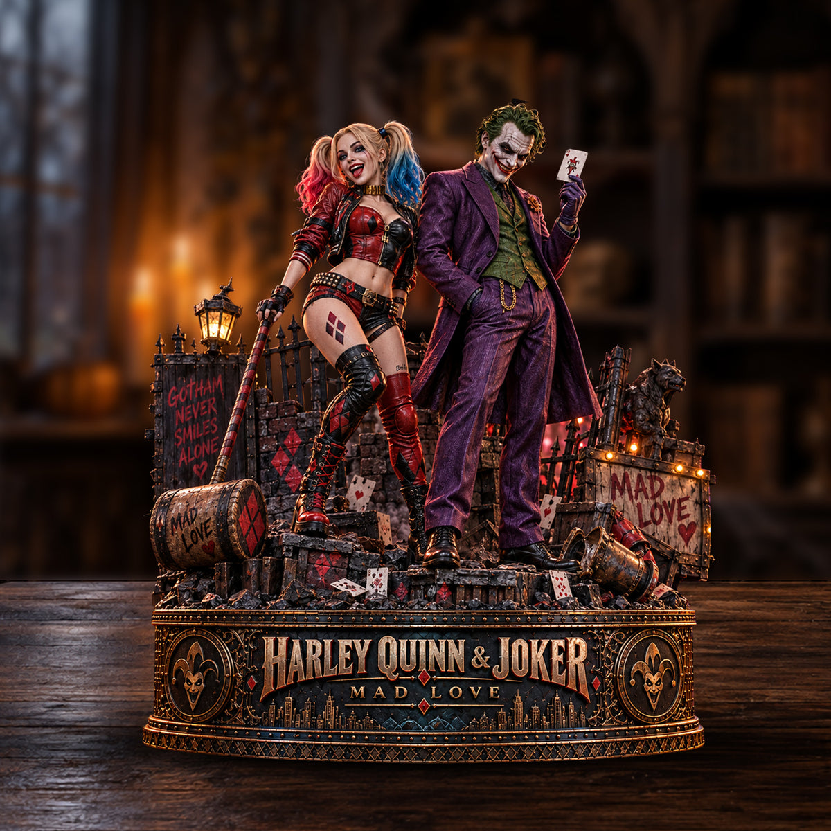 Harley Quinn & Joker Mad Love Gotham Wooden Block - Collectible Table Decor