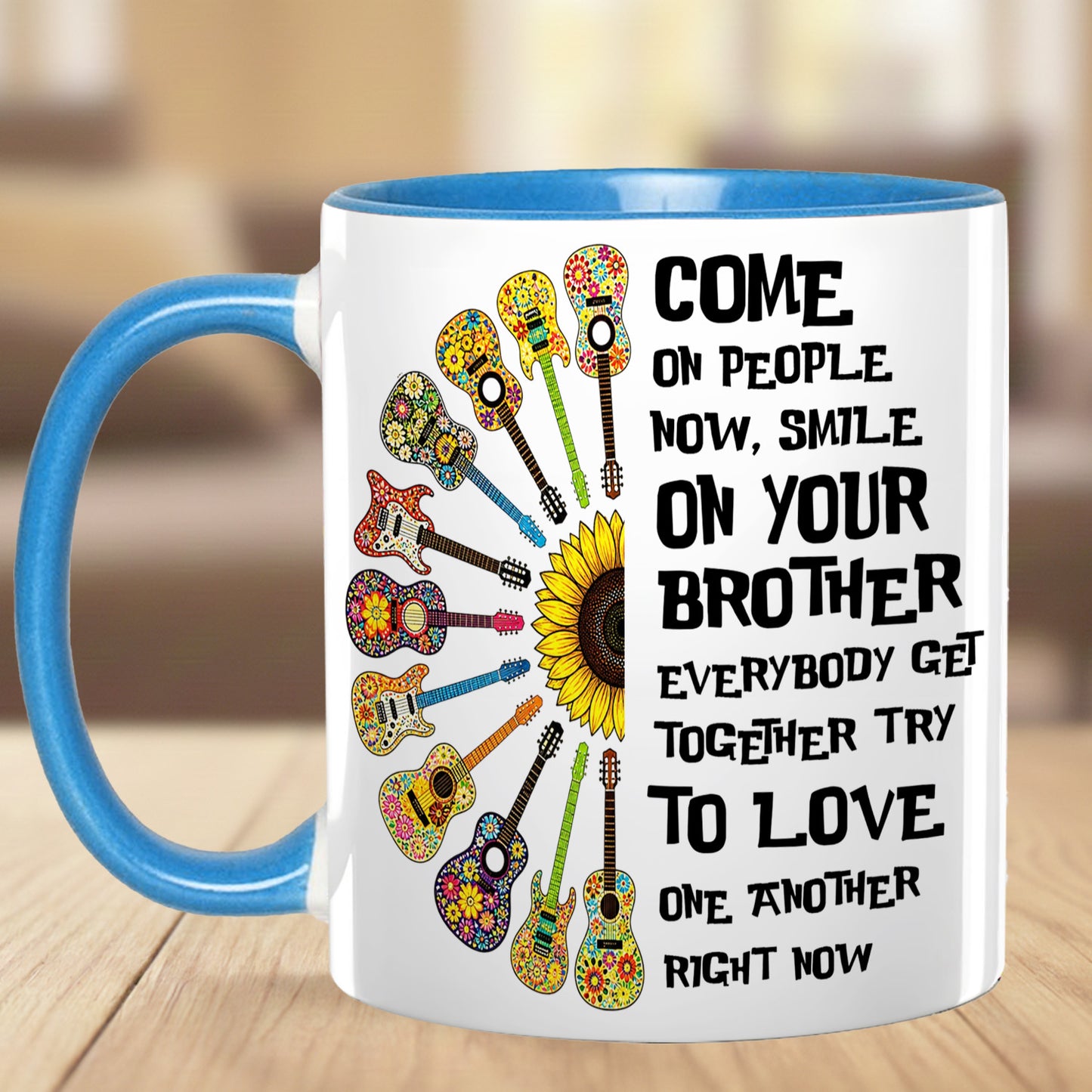 Come Together In Love – Hippie Guitar Sunflower Accent Mug