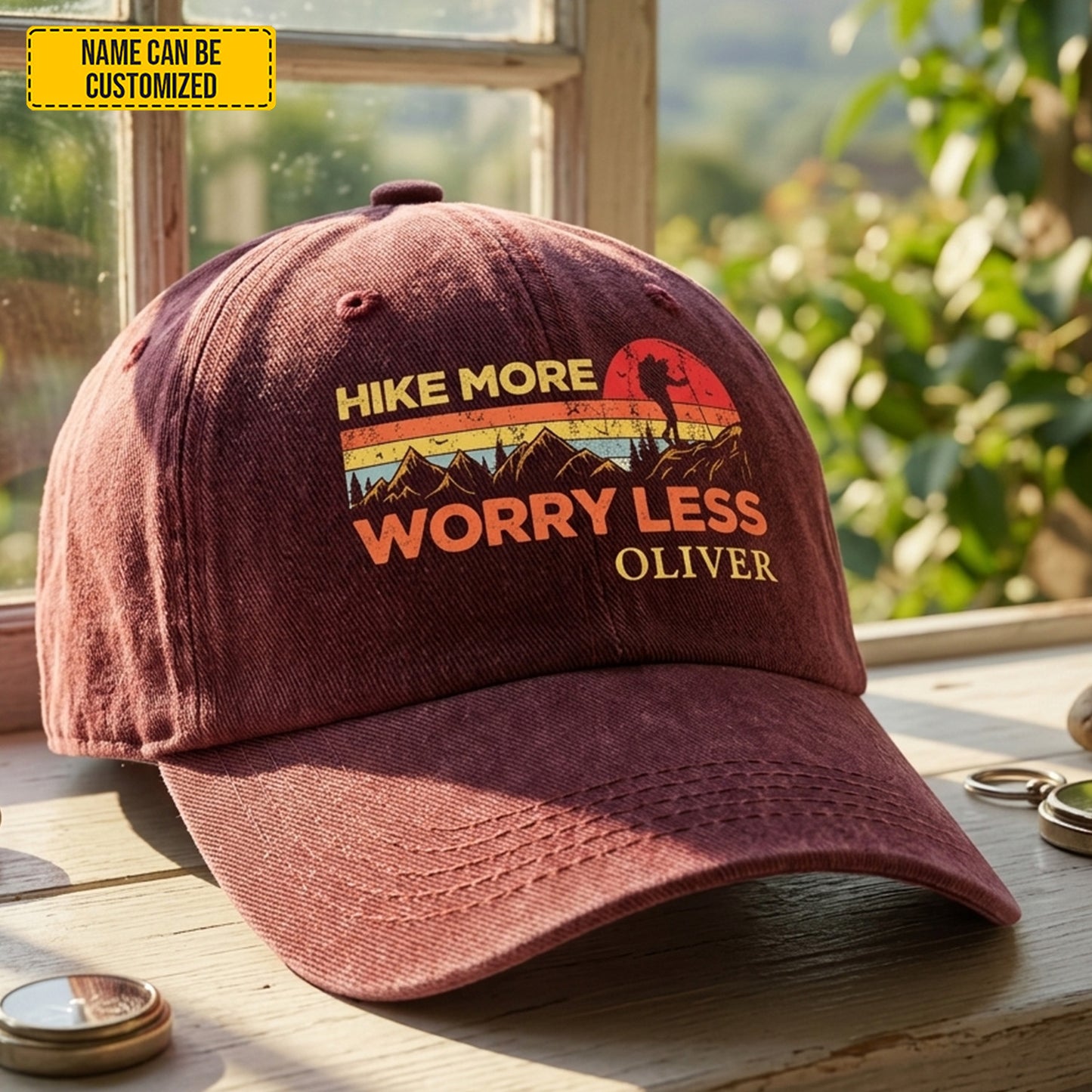 Personalized Hike More Worry Less Denim Cap