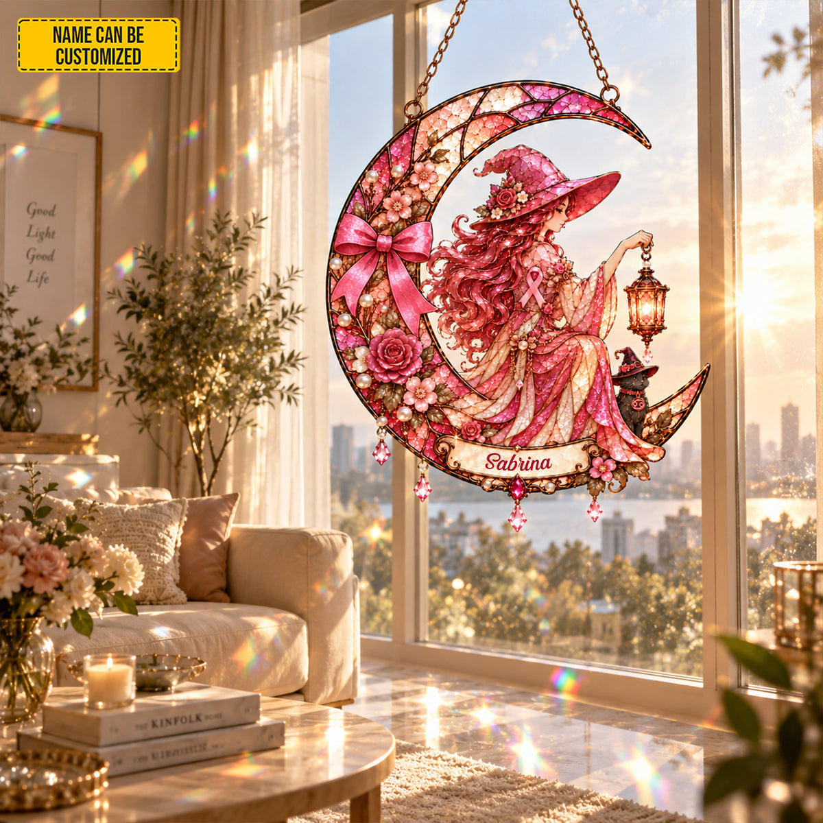 Personalized Cancer Awareness Witch Suncatcher – Custom Name Pink Ribbon Gift