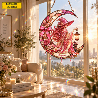 Personalized Cancer Awareness Witch Suncatcher – Custom Name Pink Ribbon Gift