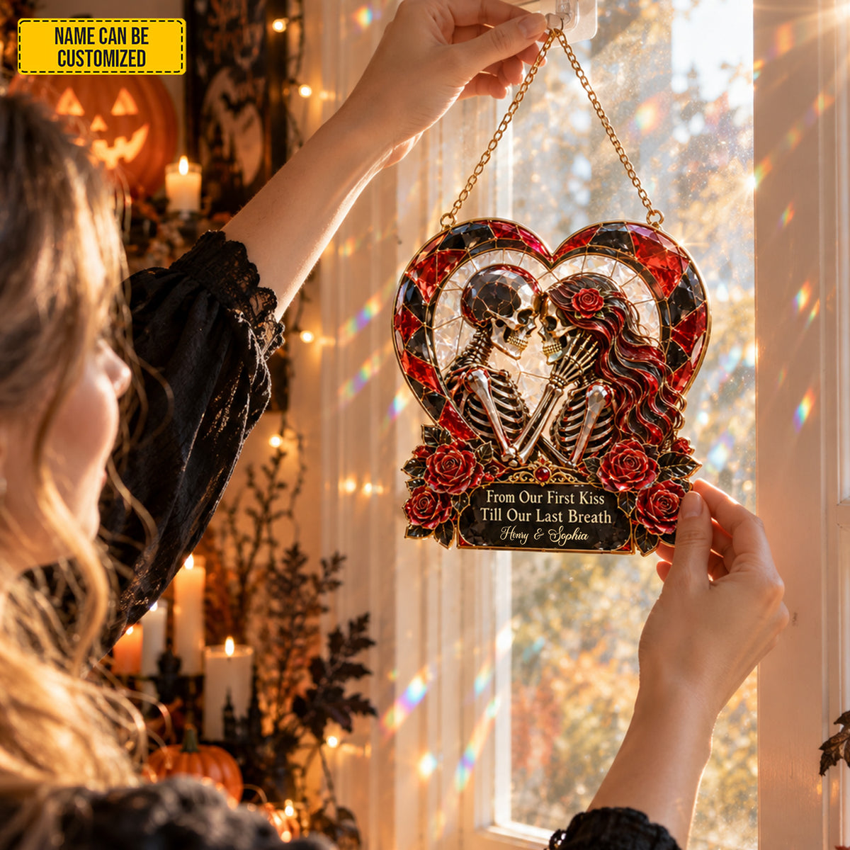Personalized Skeleton Couple Suncatcher – Gothic Romantic Window Decor