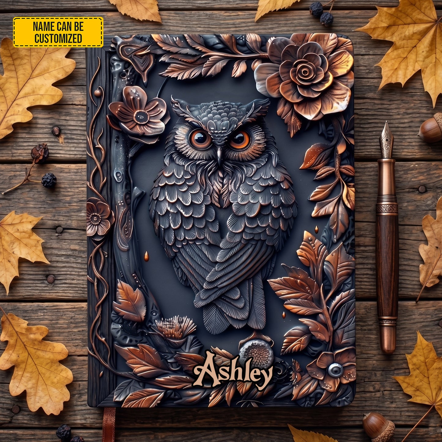 Personalized Floral Owl Leather Journal