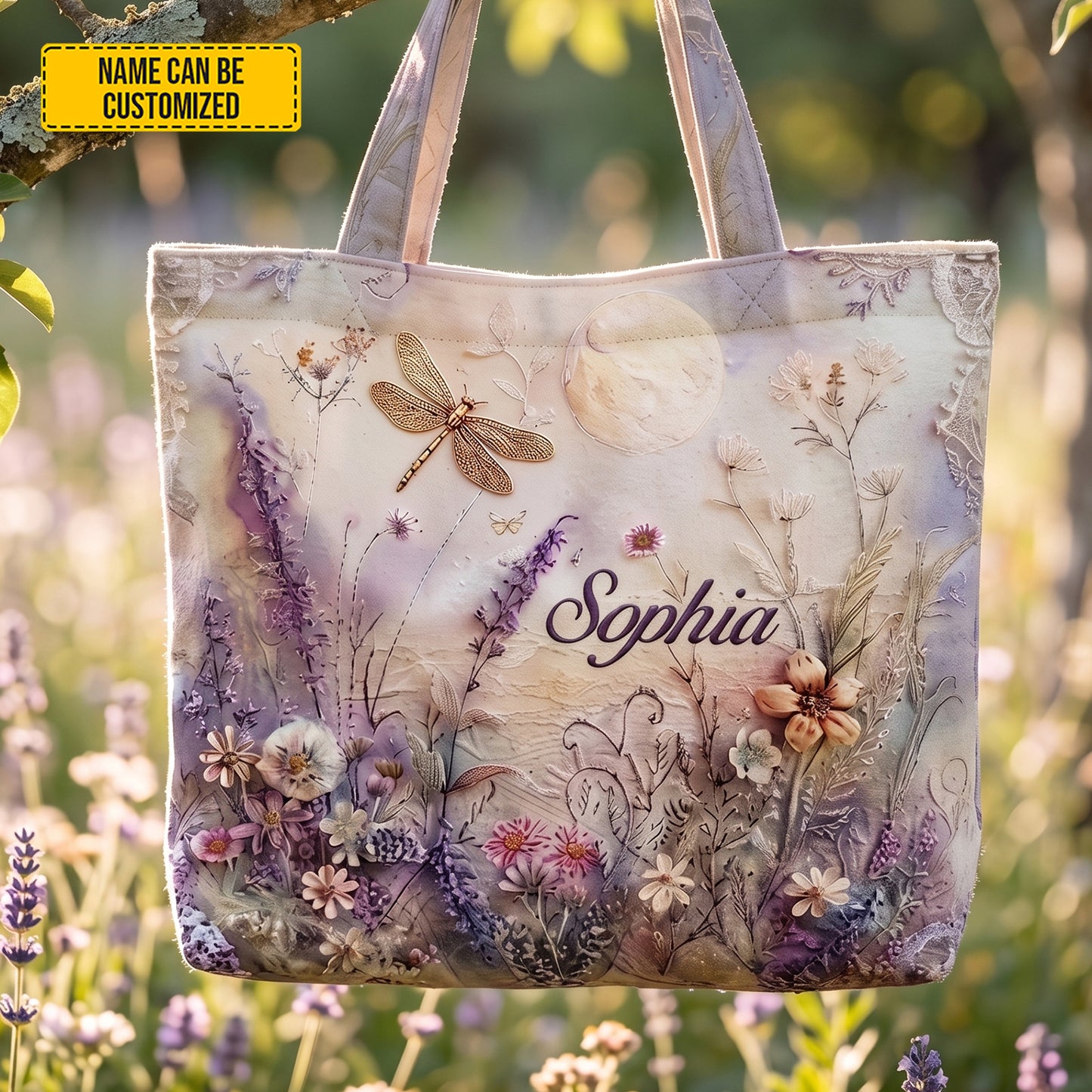 Personalized Floral Dragonfly Tote Bag